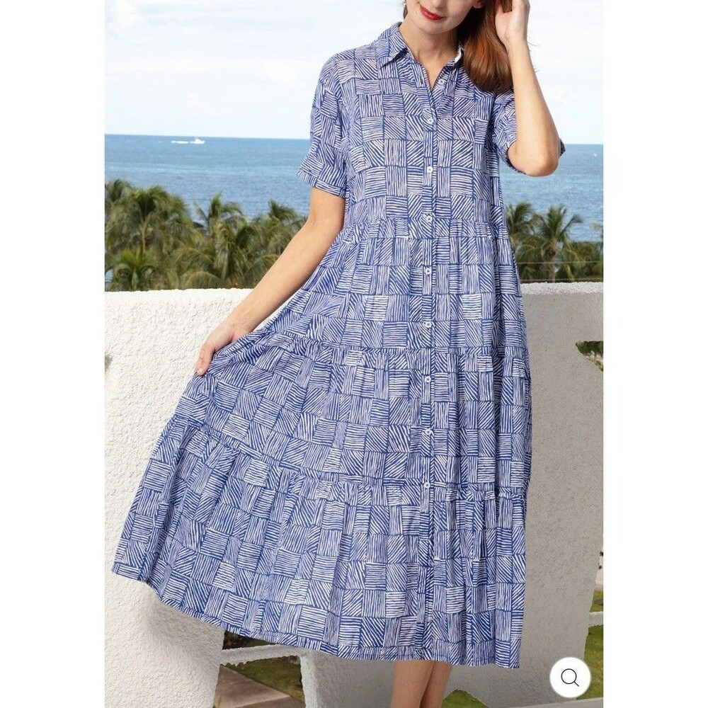 Dizzy Lizzie Palm Desert Long Dress Blue Criss Cross Little Boxes 100% Cotton S